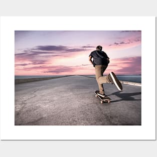 Skateboarder pushing on a concrete pavement Posters and Art